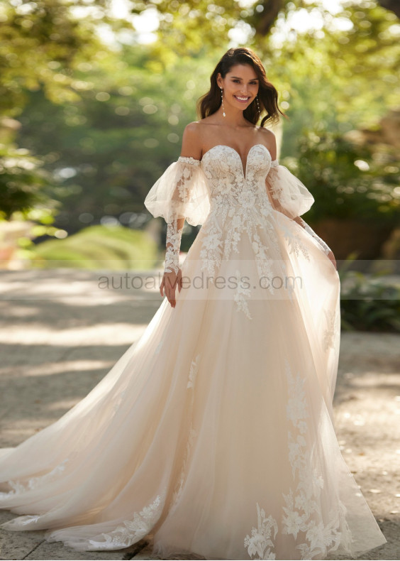 Sweetheart Neck Beaded Lace Tulle Wedding Dress With Detachable Sleeves